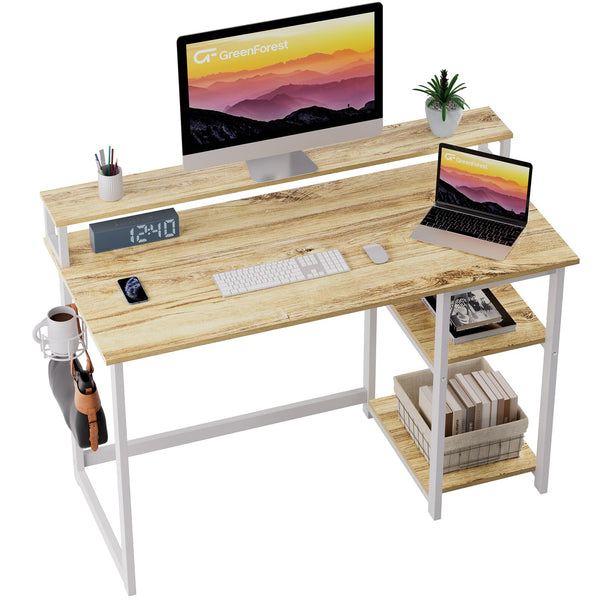 GreenForest Office Desk with Full Monitor Stand,100 cm Home Computer Desk with Reversible Storage Shelves,Small Study Desk with Headphone Hook and Cup