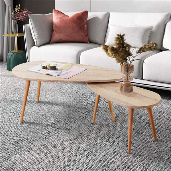 GOLDFAN Triangle Solid Wood Coffee Table Set Nest of 2 Tables Modern Sofa Coffee Side Table for Living Room Office Furniture