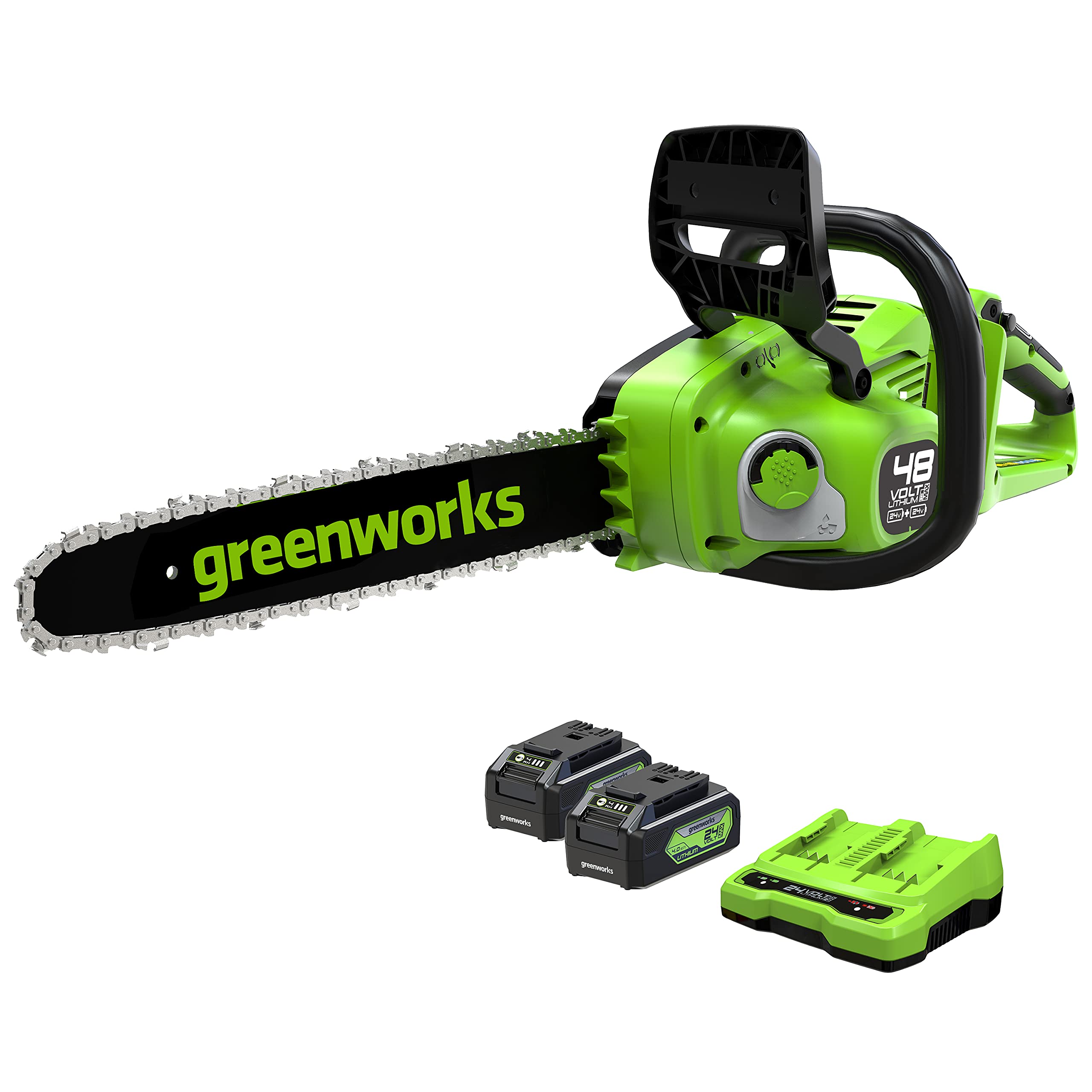 Greenworks 48V(2x24V) cordless chainsaw with brushless motor, 35 cm blade length, 20 m/s chain speed, automatic oil system, With Two 4Ah batteries & double charger, 3-year warranty-GD24X2CS36K4X