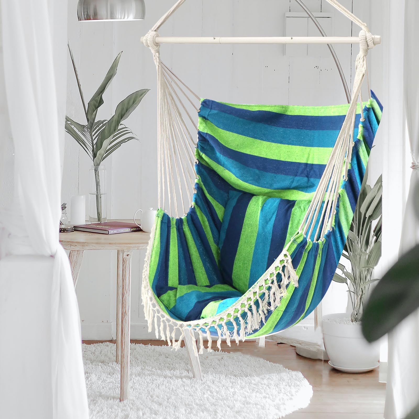 Chihee Hammock Chair Hanging Swing Max 500 Lbs 2 Cushions Included Steel Spreader Bar with Anti-Slip Grooves Portable Hanging Chair Side Pocket Large