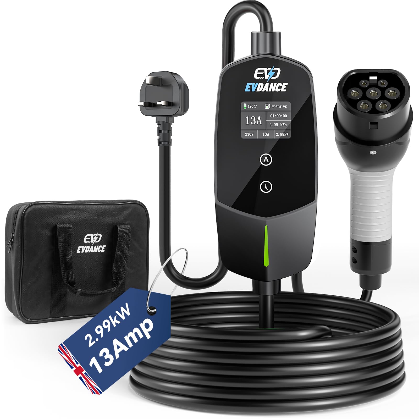 EVDANCE EV Charger Cable Type 2 to 3 Pin Plug 20ft/6.1m [6/8/10/13A] Current Adjustable Portable Electric Car Charger with 0-12h Time Delay, IP66, Type 2 Charging Cable for EV & PHEV, Black