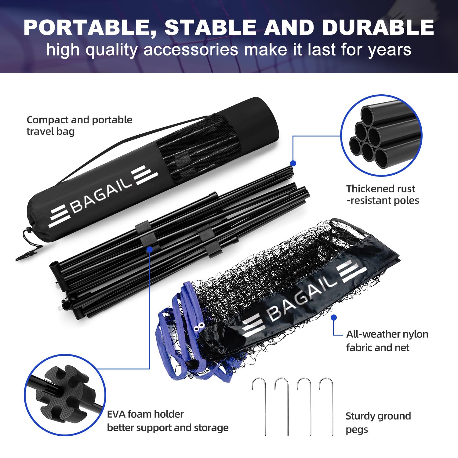 BAGAIL Badminton Net, Foldable Nylon Net, Hieght Adjustable Stand and Portable Carry Bag, Easy to Assemble or Disassemble, Ideal Recreational Sports Net for Tennis, Kids Badminton or Volleyball
