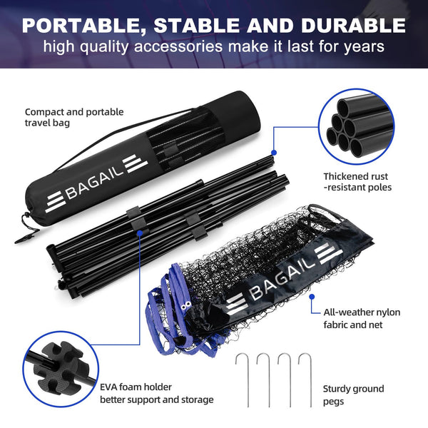 BAGAIL Badminton Net, Foldable Nylon Net, Hieght Adjustable Stand and Portable Carry Bag, Easy to Assemble or Disassemble, Ideal Recreational Sports Net for Tennis, Kids Badminton or Volleyball