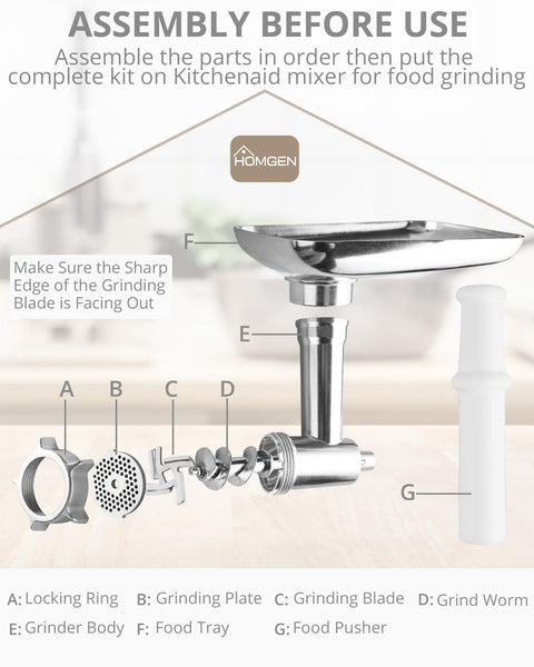 HOMGEN Meat Grinder Attachment for All Kitchenaid Stand Mixers - Durable Stainless Steel Food Meat Grinder Attachment Included 3 Sausage Stuffer