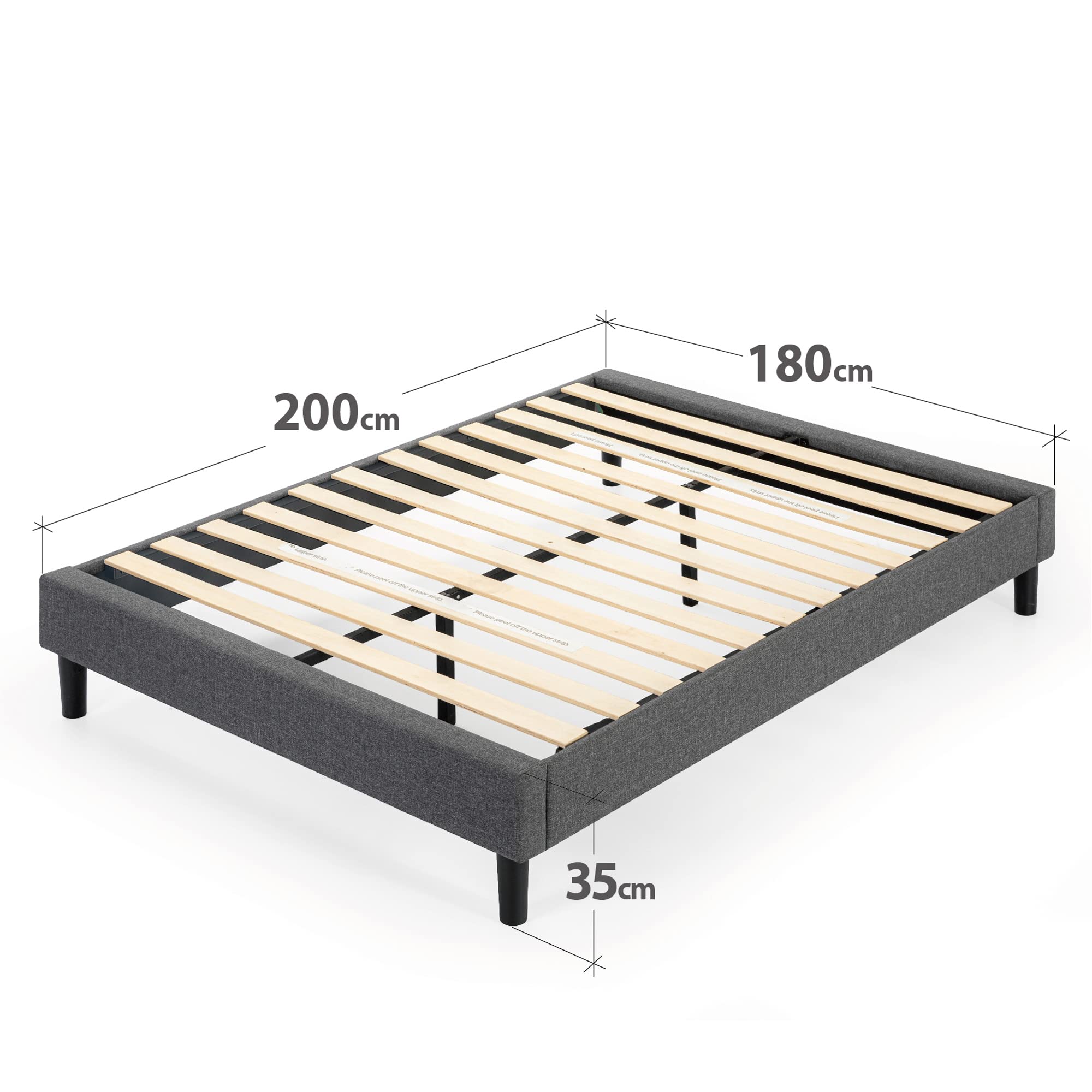 Zinus Curtis Super King Bed frame - Bed 180x200 cm - 35 cm Height - Upholstered Platform Bed frame with Wood slat support - Grey