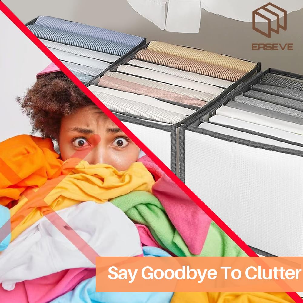 EASEVE 6 Pack Wardrobe Closet Organiser and Storage for Clothes - 7 Grids Foldable Drawer Dividers Organizer for Jeans | Trousers | Shirts | Pants,