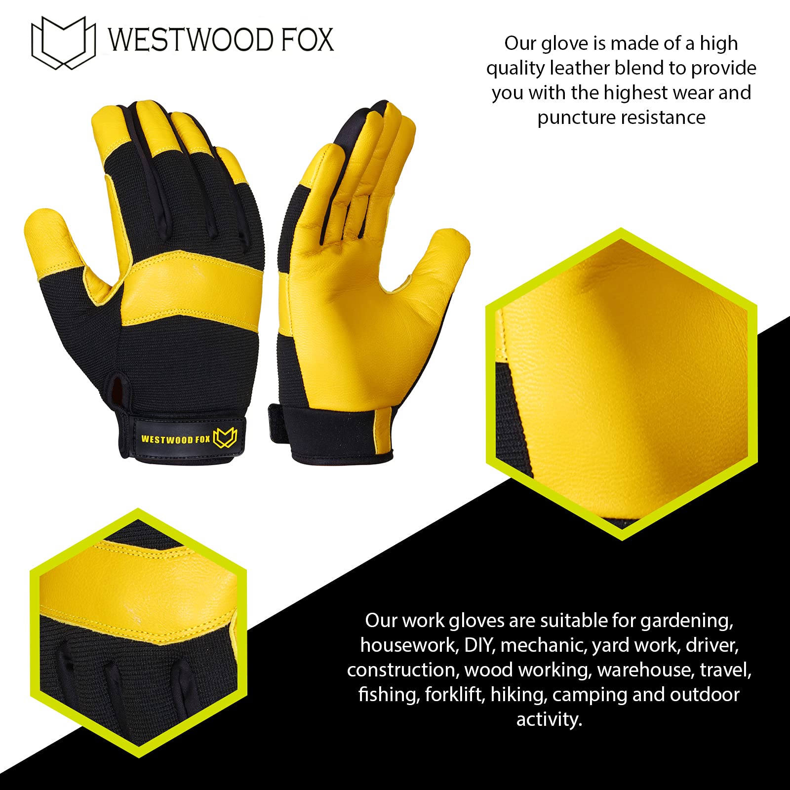 WESTWOOD FOX Gardening Working Gloves Garden Thorn Proof Flexible Heavy Duty Leather Mechanic Utility Dexterity Breathable Construction Gloves for Work Mens Women (Metallic Orange, L)