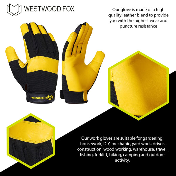 WESTWOOD FOX Gardening Working Gloves Garden Thorn Proof Flexible Heavy Duty Leather Mechanic Utility Dexterity Breathable Construction Gloves for Work Mens Women (Metallic Orange, L)