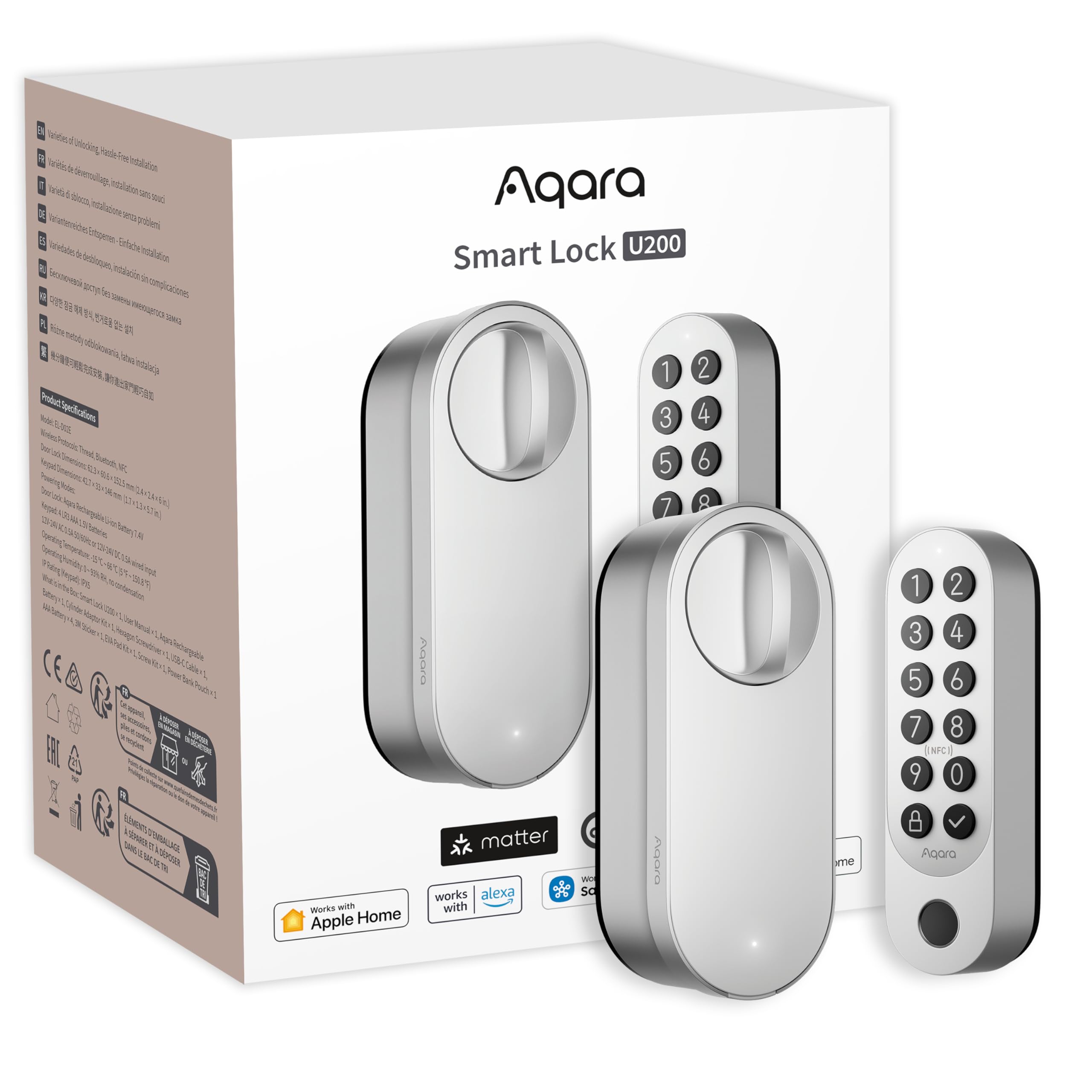 Aqara Smart Lock U200 (Fingerprint Keypad Included), Matter Over Thread, Smart Door Lock with Apple Home Key and Rechargeable Battery, Supports Apple, Google Home, Alexa and SmartThings, Silver