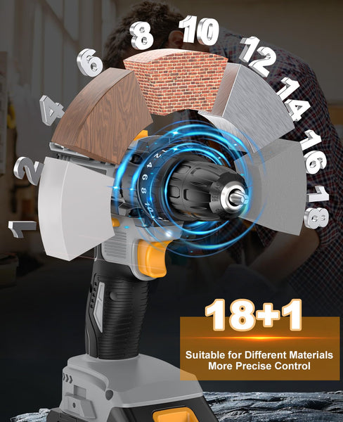 LEEIKOO Cordless Drill, 21V Electric Drill 42N.m with 2.0Ah Battery, Combi Set 10mm Chuck, 2 Speeds, 18+1 Torque, LED Light, 20pcs Drill Set for Garden DIY Project, Grey