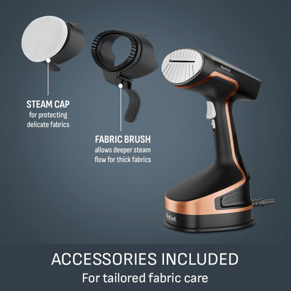 Tefal Access Steam+ Handheld Clothes Steamer, 1600W, 26 g/min Steam, No Ironing Board Needed, 2 Steam Levels, Sanitising Steam, Black & Rose Gold, DT8103