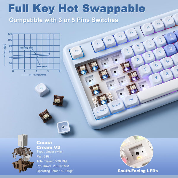 YUNZII B87 Wireless Mechanical Keyboard,QMK/VIA Software Custom Gaming,Gasket RGB Keyboard with Cute MOA Keycaps,Wrist Rest,BT5.0/2.4G/USB-C NKRO for Win/Mac (butter, milk v2 linear)