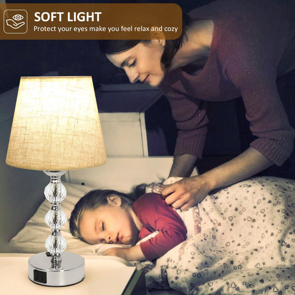 Euxper Touch Bedside Table Lamp, Crystal Table Lamps with USB C+A Charging Ports, 3 Way Dimmable, Set of 2 with White Fabric Shade for Bedroom (2 LED