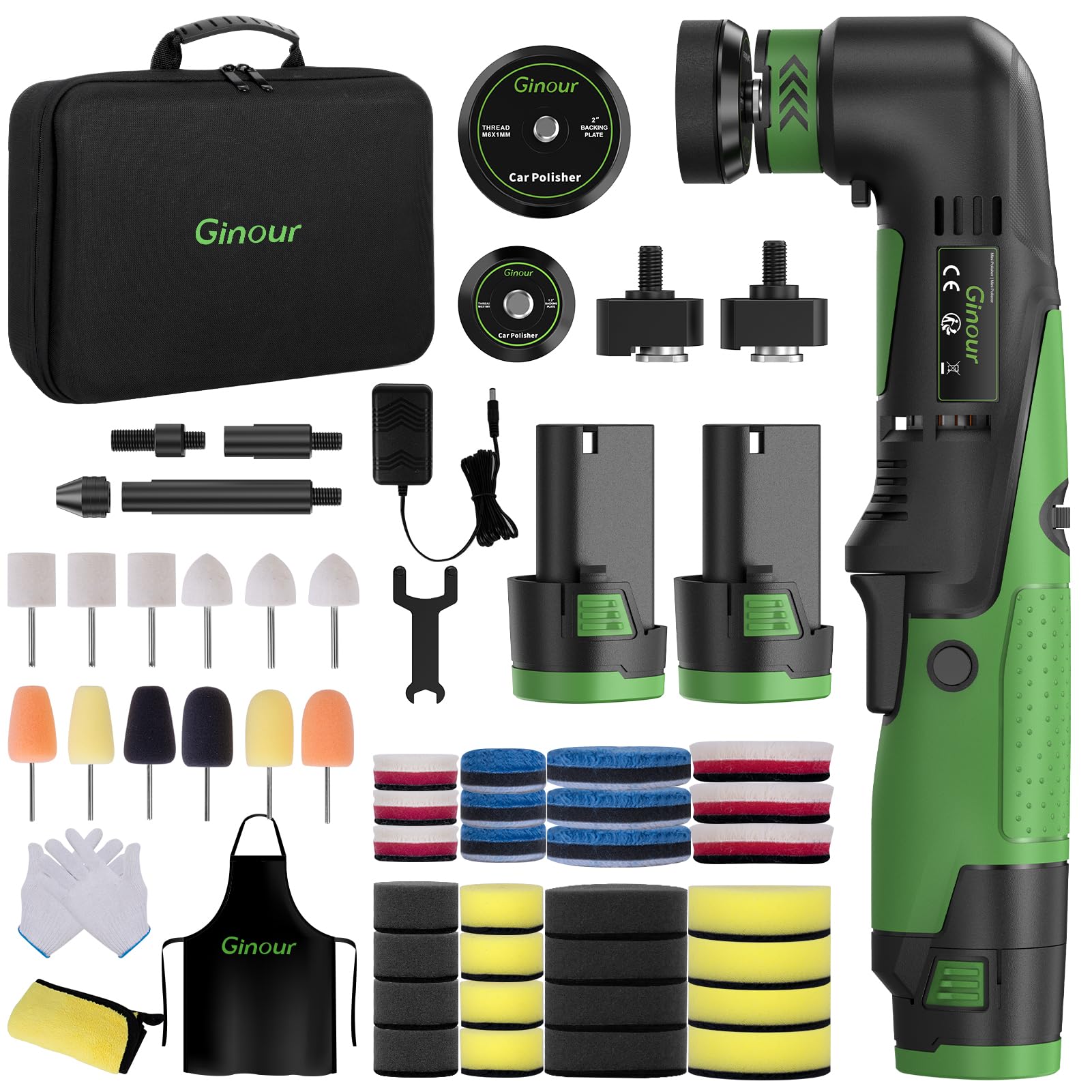 Ginour Cordless Car Polisher, 12V2Ah Batteried Car Buffer Polisher Machine, 6 Speed 2800~5000OPM Mini Polisher Rotary & Dual Action Car Polisher for Car Motorcycle Detailing, Backing Plates 2''/1.2''
