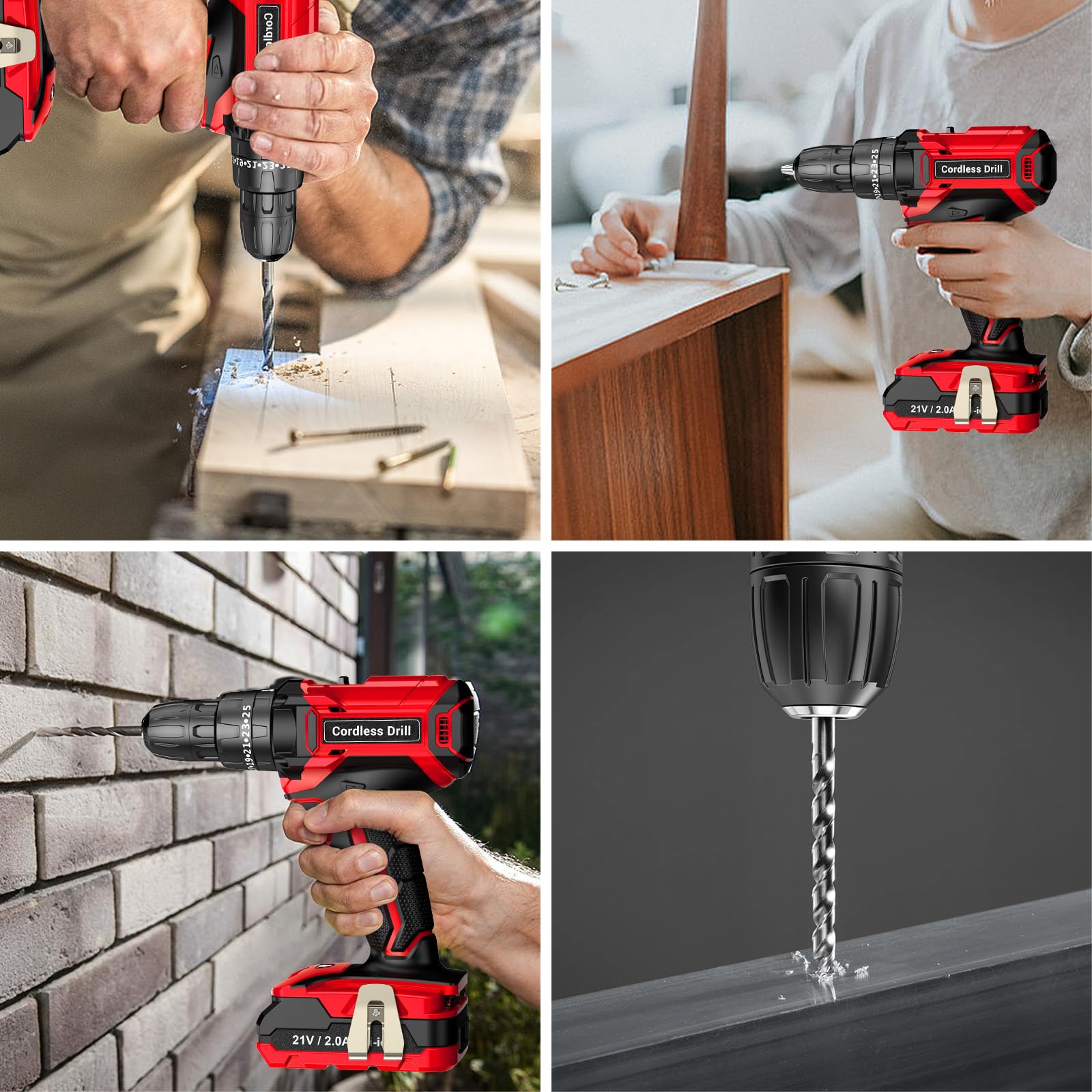 LEEIKOO Cordless Drill, 21V Electric Drill 42N.m with 2.0Ah Battery, Combi Set 10mm Chuck, 2 Speeds, 18+1 Torque, LED Light, 20pcs Drill Set for Garden DIY Project, Grey