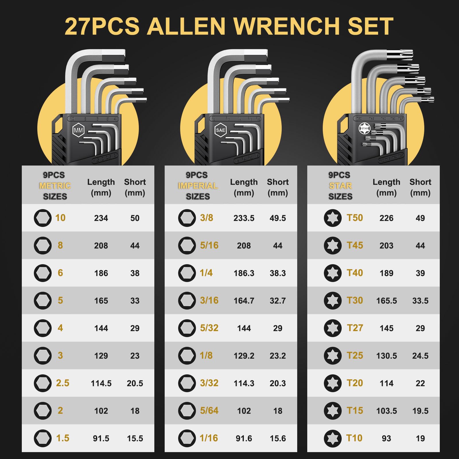 AMTOVL Hex Keys Set, 27PCS Allen Key Set & Star Key Set, Magnetic S2 Steel Metric Imperial Extra Long Ball End Hex Key Set with Color Coding with T-Handle for Bicycle Repair Household DIY