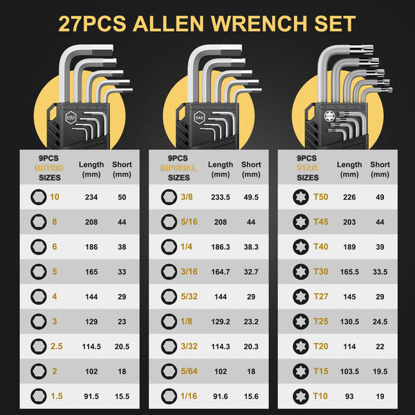 AMTOVL Hex Keys Set, 27PCS Allen Key Set & Star Key Set, Magnetic S2 Steel Metric Imperial Extra Long Ball End Hex Key Set with Color Coding with T-Handle for Bicycle Repair Household DIY