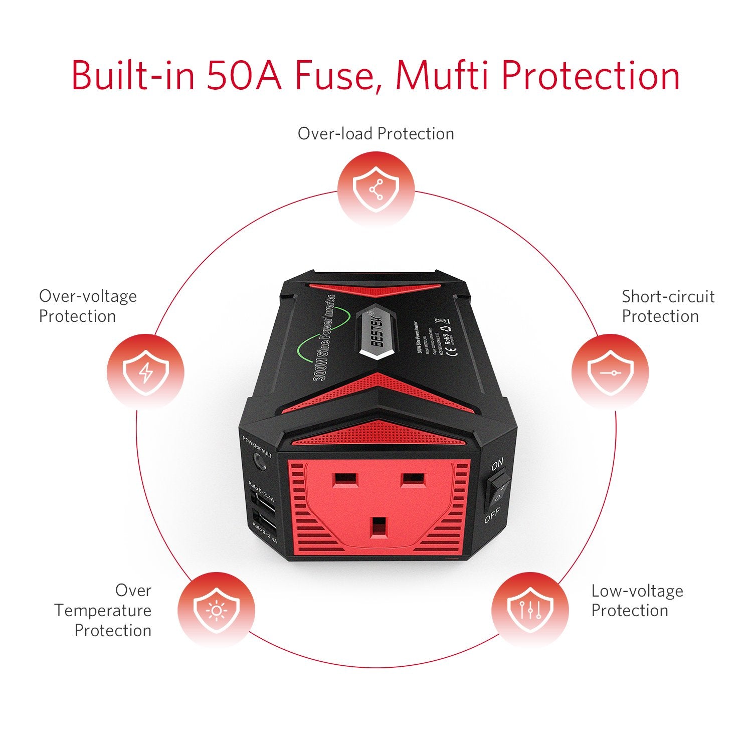 BESTEK 300W Pure Sine Wave Power Inverter 12V to 240V 230V with 4.8A Dual Smart USB Ports Car Adapter Charge Your Laptop iPad iPhone Tablet Consoles & More