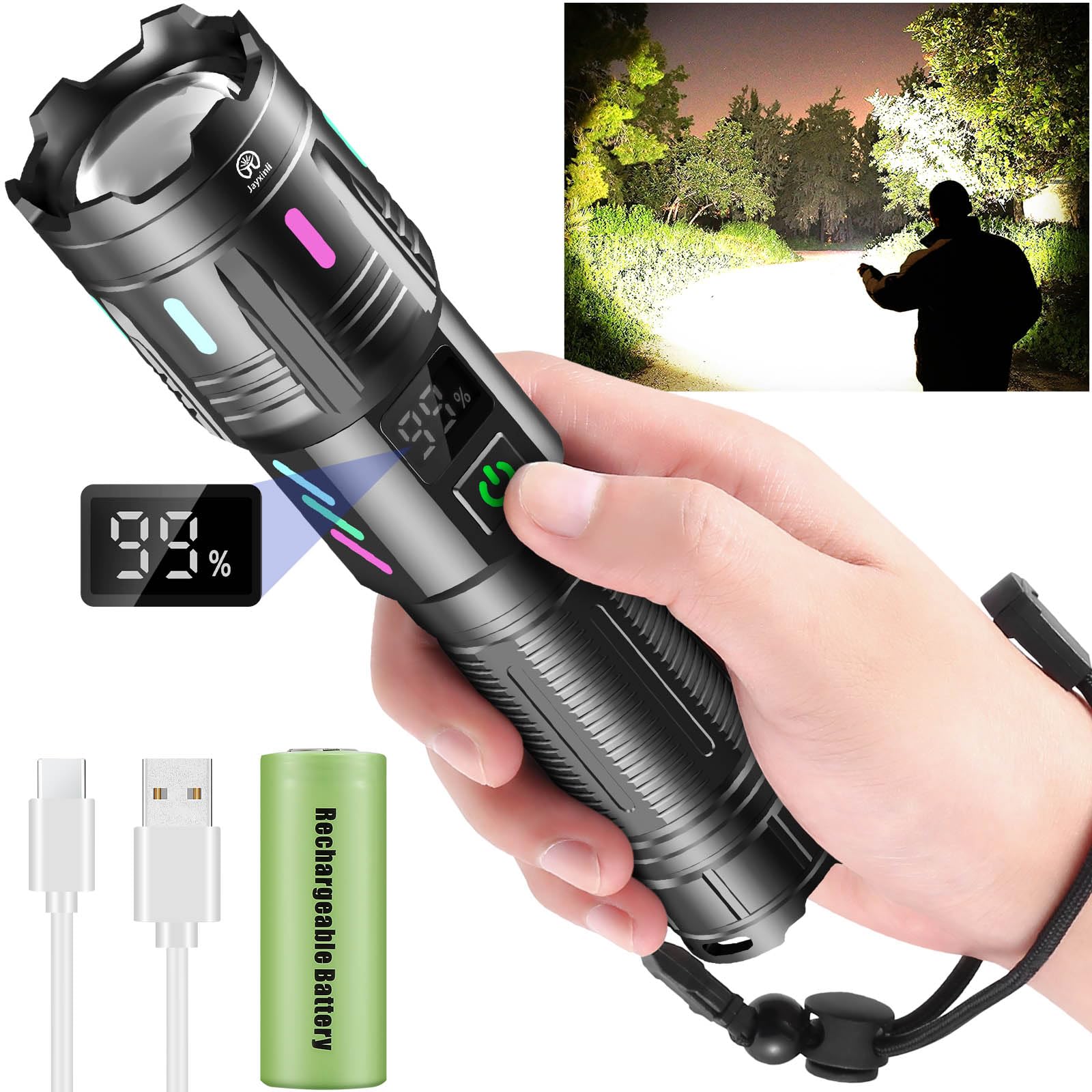 Torches LED Super Bright 1000000 Lumen, Rechargeable Torch with LCD Power Display and Zoomable, High Powered LED Torch 5 Light Modes, Powerful Tactical Torches for Camping, Dog Walking