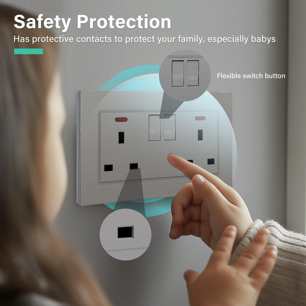 BSEED Double Socket 13A with LED Indicator, Double Switched Wall Socket 2 Gang UK Standard, Electric Switched Plug Power Wall Outlet with Glass Panel, Grey