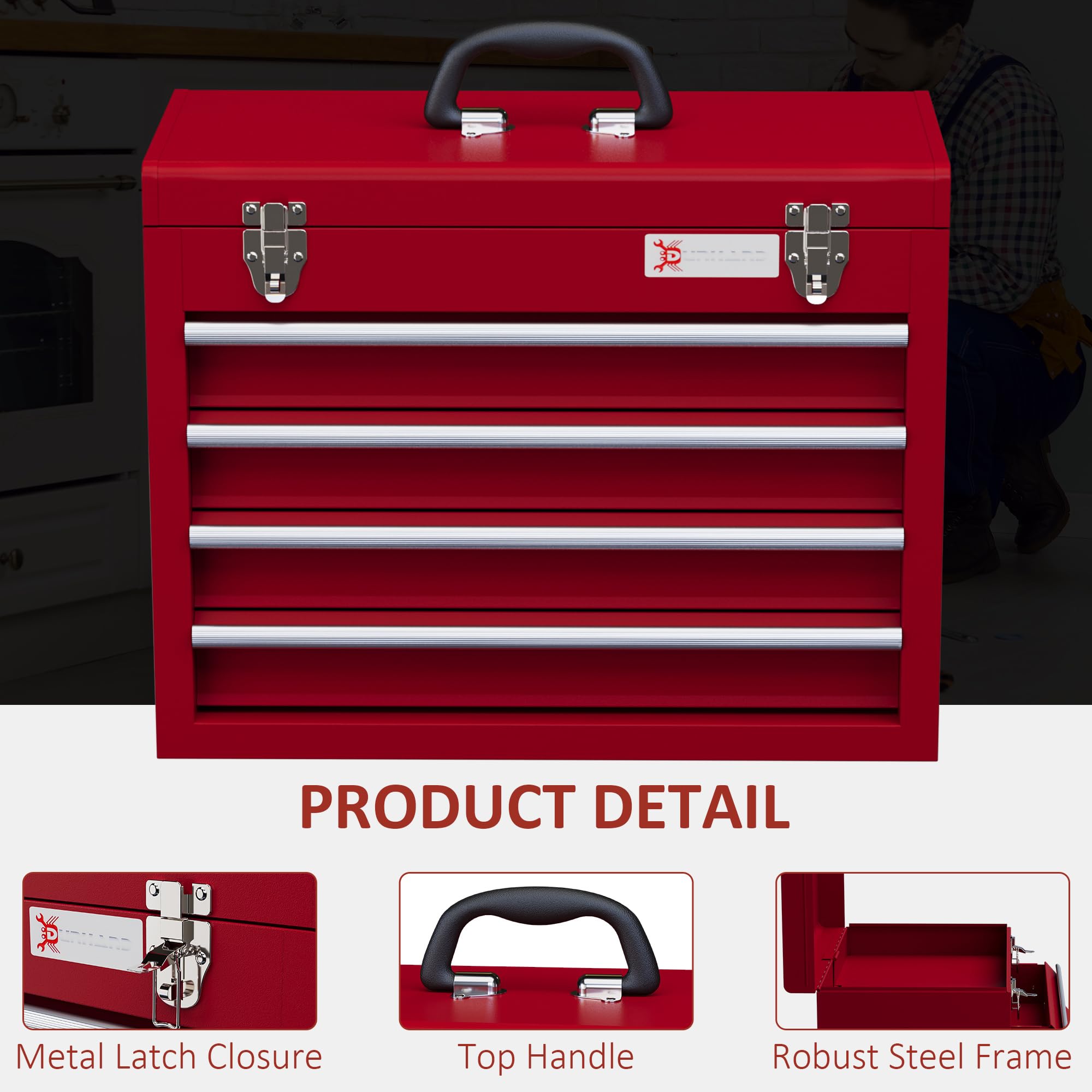 DURHAND 3 Drawer Tool Chest, Lockable Metal Tool Box with Ball Bearing Runners, Portable Toolbox, 510mm x 220mm x 320mm, Red