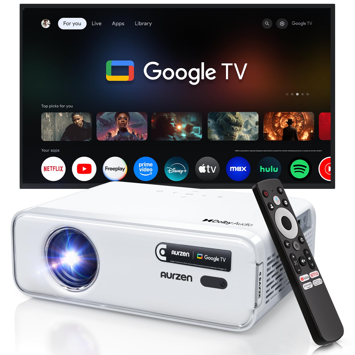 Aurzen EAZZE D1G Official Google TV 4K Supported Smart Projector with WiFi & Bluetooth, Auto Focus & Keystone, Dolby Audio, Zoom, Native 1080P Portable Mini Movie Projector for Home & Outdoor