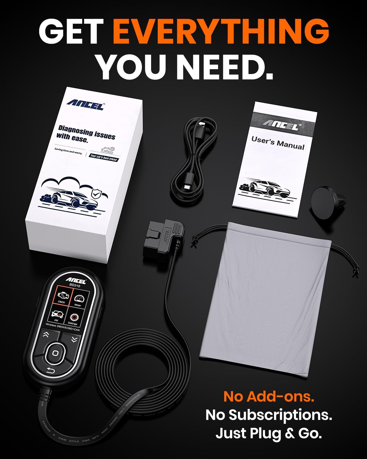 ANCEL BD310 OBD2 Scanner Bluetooth 5.0 : Upgraded 3-in-1 OBD2 Code Reader Diagnostic Tool, Check Engine Light, Battery Test, Professional iOS/Android App Support, Fits Post-1996 Vehicles.