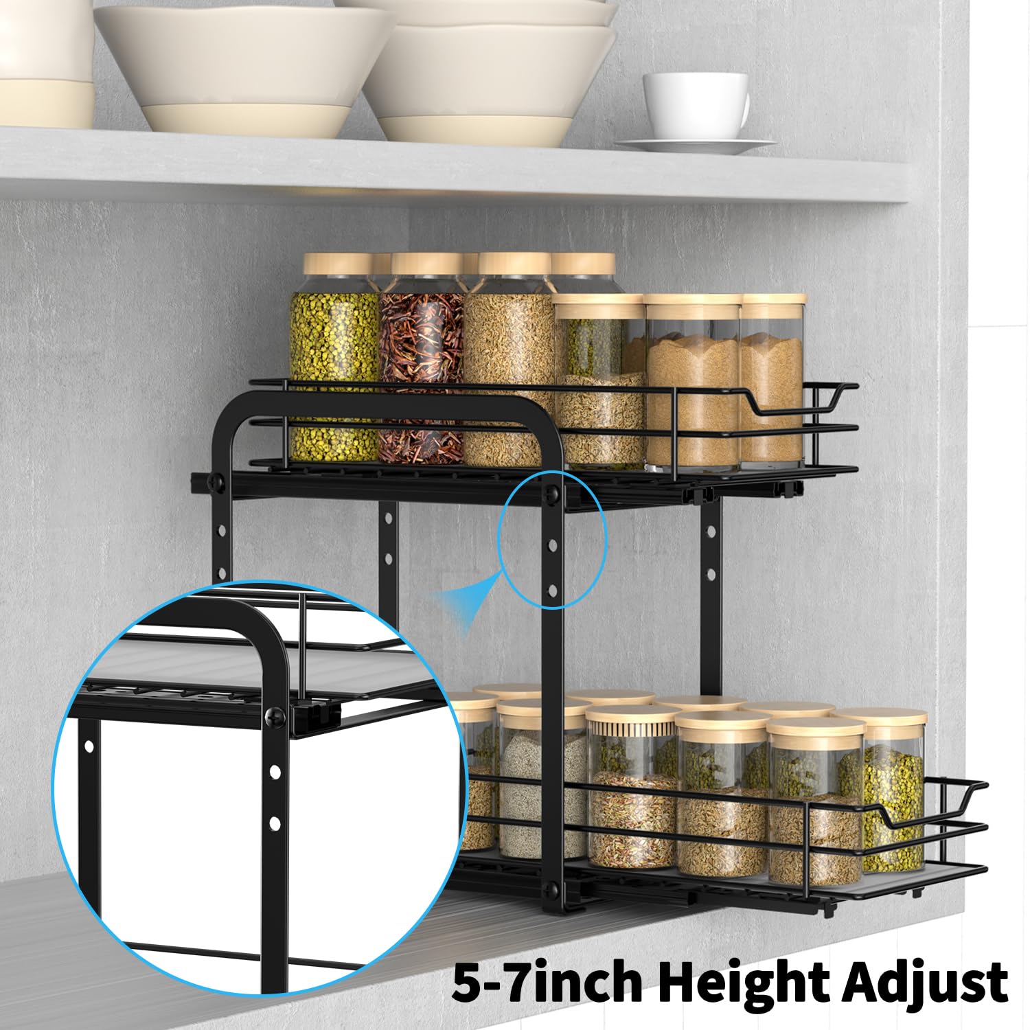 AIRUJIA Spice Rack Cupboard Organizer, Pull Out Cabinet Organizer Spice Racks, 2-Tier Spice Rack Height Adjustable, Spice Rack for Inside Cupboard,