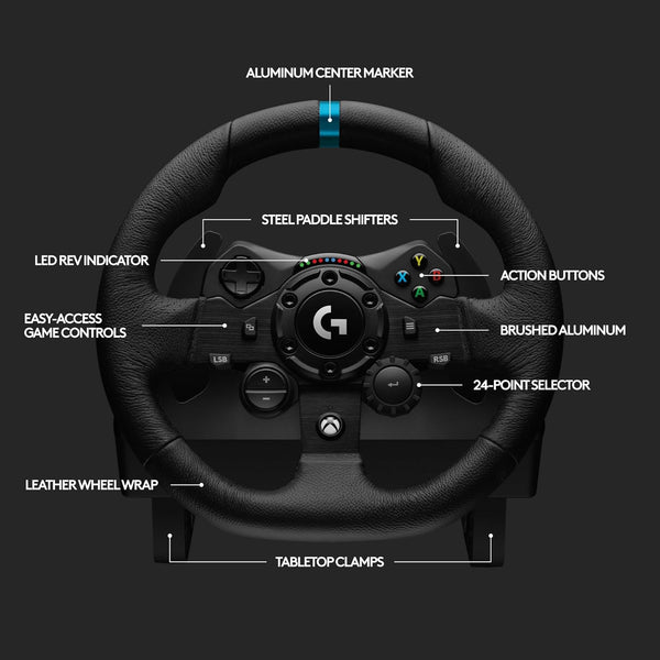 Logitech G G923 Racing Wheel and Pedals, TRUEFORCE up to 1000 Hz Force Feedback, Responsive Pedal, Dual Clutch Launch Control, Genuine Leather Wheel Cover, for Xbox Series X|S|One, PC - Black
