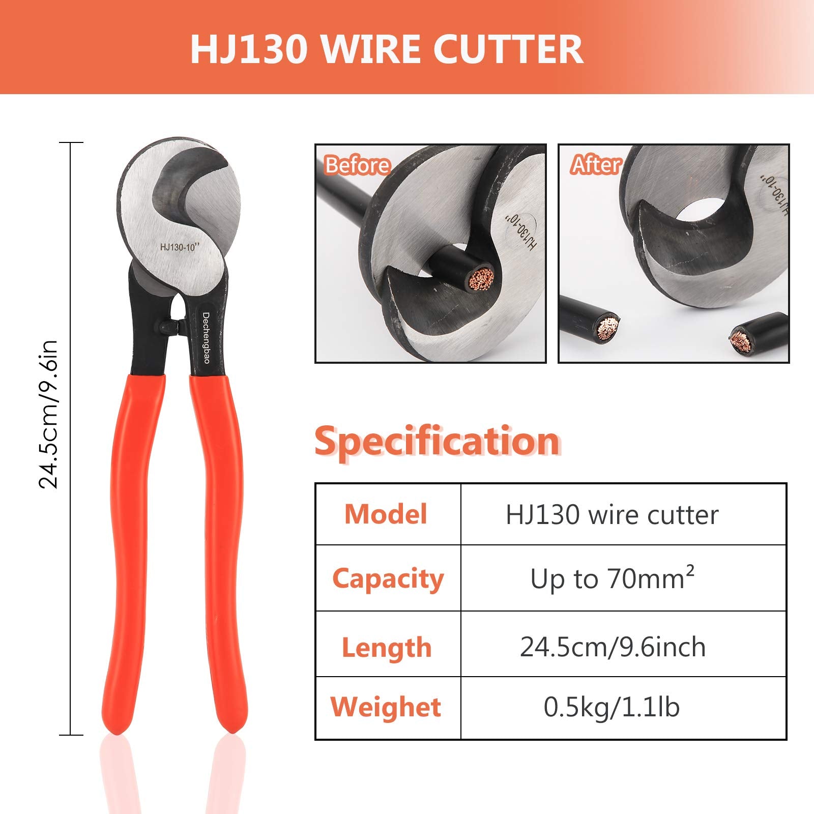 HX-50B Battery Cable Lug Crimping Tools Hand Electrician Pliers for Crimping Wire Cable from 6-50mm²(AWG 8-1/0) with Thickened and Reinforced The Metal Plate (HX50B Crmper +60PCSTerminals)