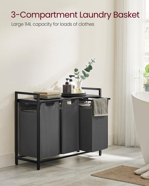 VASAGLE Laundry Basket, Laundry Hamper, Pull-Out and Removable Liner Bag, Shelf, Metal Frame, 65 L, 50 x 33 x 72 cm, Ink Black and Rustic Brown BLH101B01