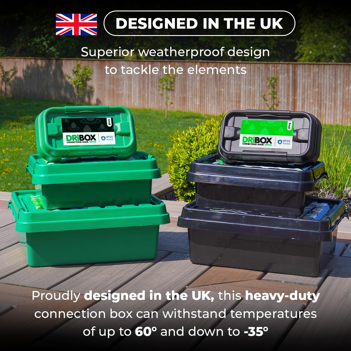 DRiBOX – Large IP55 Weatherproof Outdoor Electrical Connection Box 40 x 31 x 14.5cm – Power Cord Enclosure for Christmas Lights, Timers, Extension Cables, Leads, Reels, Transformers (Large, Black)