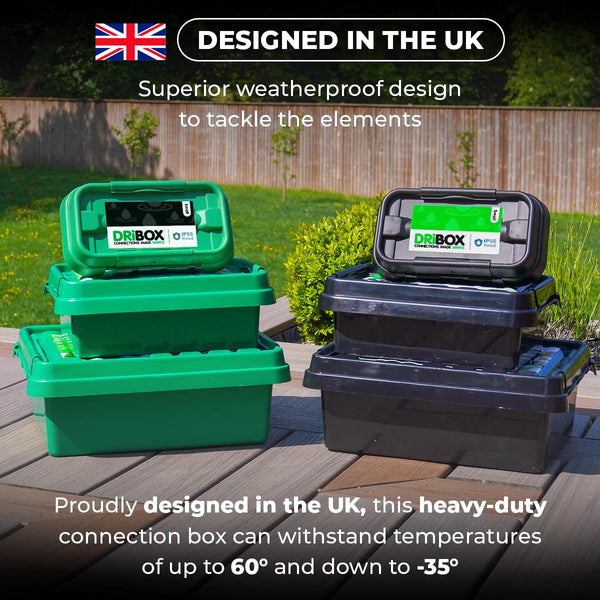 DRiBOX – Large IP55 Weatherproof Outdoor Electrical Connection Box 40 x 31 x 14.5cm – Power Cord Enclosure for Christmas Lights, Timers, Extension Cables, Leads, Reels, Transformers (Large, Black)