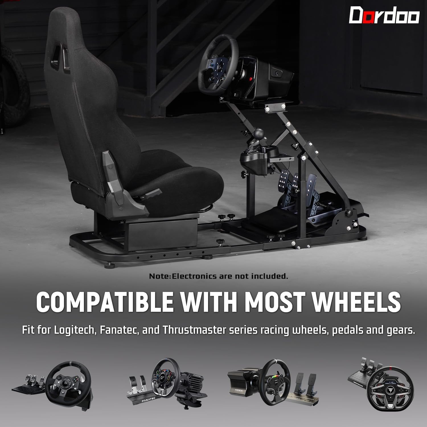 Dardoo Stable Racing Simulator Cockpit with Black Game Seat Fits for Logitech/Thrustmaster/Fanatec G29 G920 G923 T150, Steering Wheel Stand with Reinforcement Bars, Not Included Steering Wheel & Pedal
