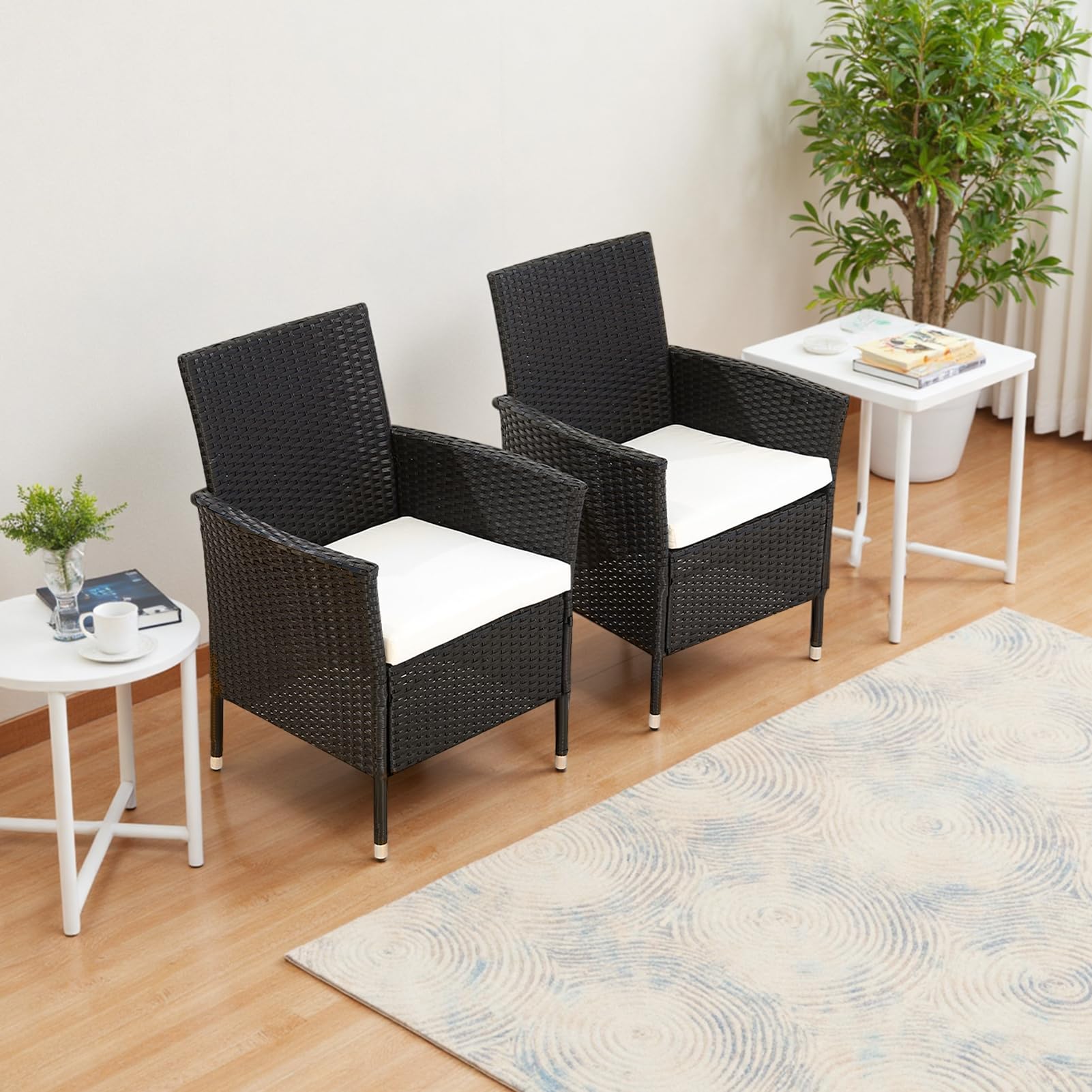 Warmiehomy Rattan Garden Chairs Outdoor Dining Chair Set of 2 Wicker Armchairs with Padded Seat Cushions High Backrest Patio Chair, Black