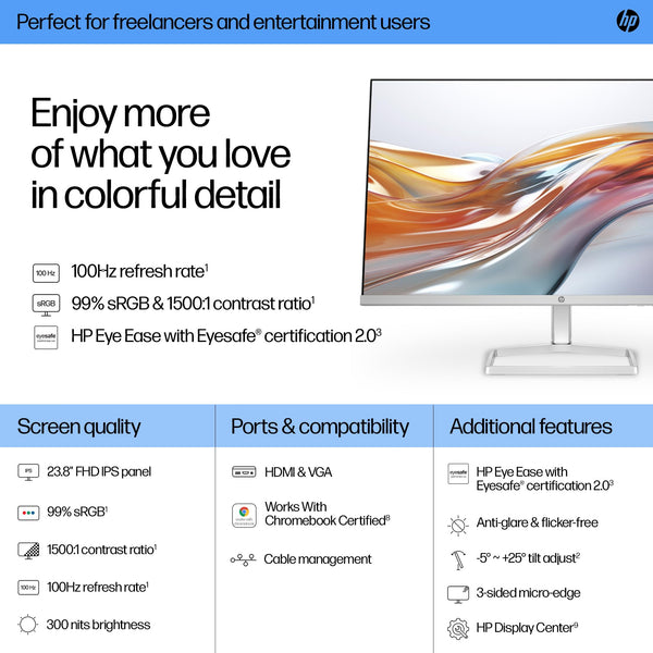 HP Series 5 27" FHD Height Adjust Monitor (527sh) - 100Hz Refresh Rate, 1500:1 AR, 99 percent sRGB Spectrum, 300 Nits Brightness - HDMI, VGA Ports - Ergonomically Adjustable - Responsibly Made