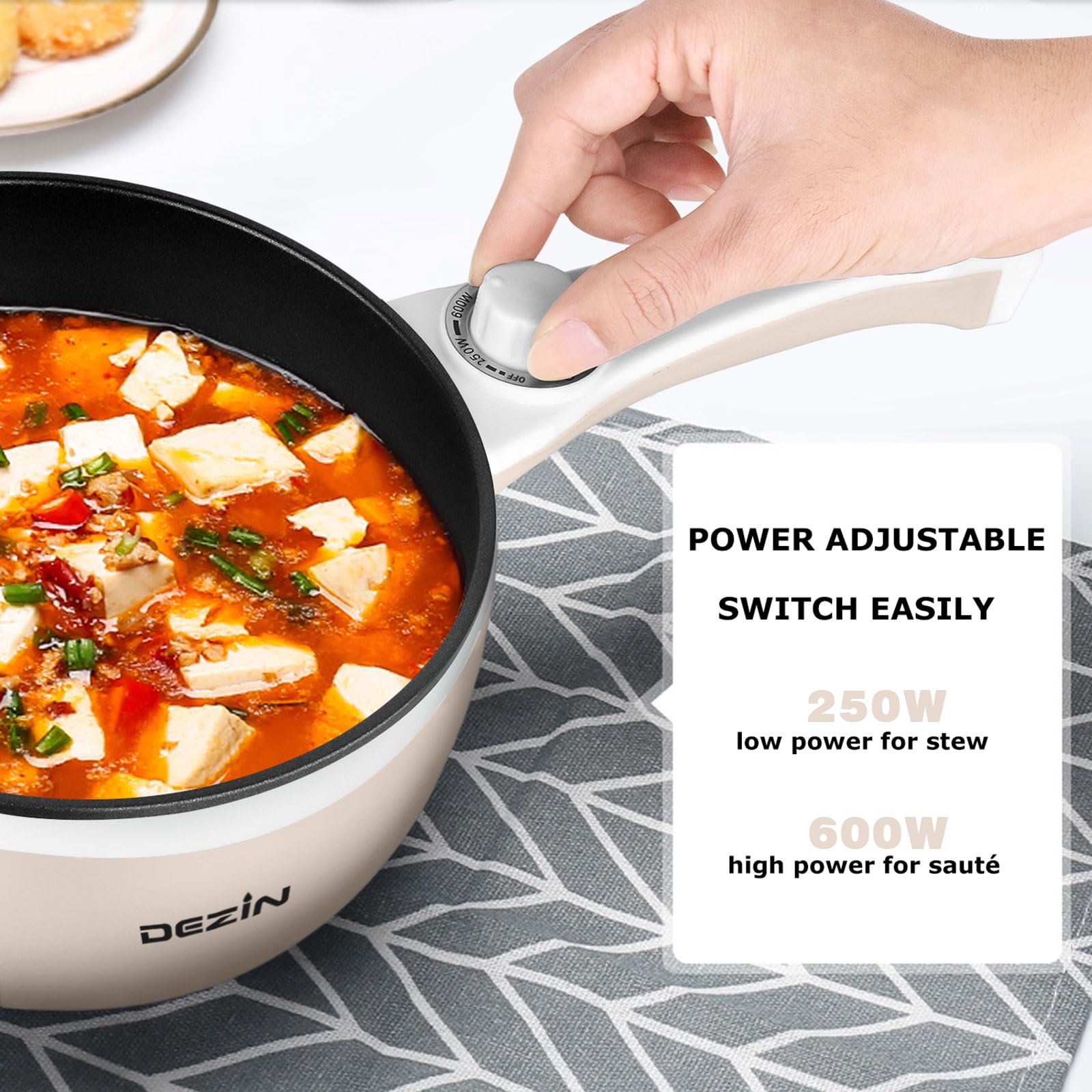 DEZIN Electric Cooker Upgraded, Non-Stick Saut? Pan, 1.5L Mini Electric Fondue Pot for Cheese, Stir Fry, Roast, Steam with Power Adjustment, Perfect