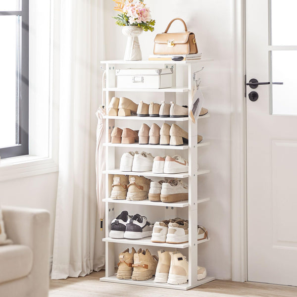 HOOBRO Shoe Rack Wooden, White Shoe Rack, Narrow Shoe Storage Organizer with 2 Hooks, Slim Shoe Shelf, Vertical Shoe Tower for Entrance, Living Room,