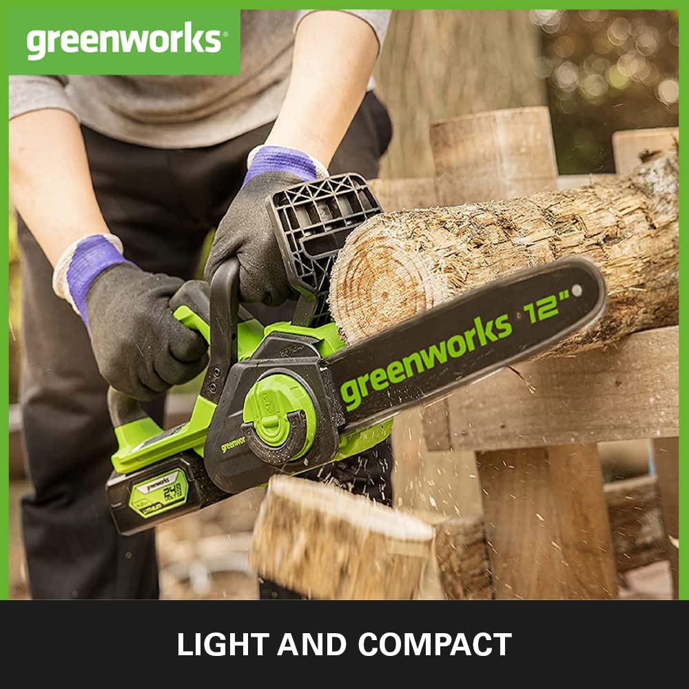 Greenworks GD24CS30K4 Cordless Chainsaw with Brushless Motor, 30cm Bar Length, 7.8m/s Chain Speed, Auto-Oiler, Kickback Protection, 24V 4Ah Battery & Charger, 3 Year Guarantee