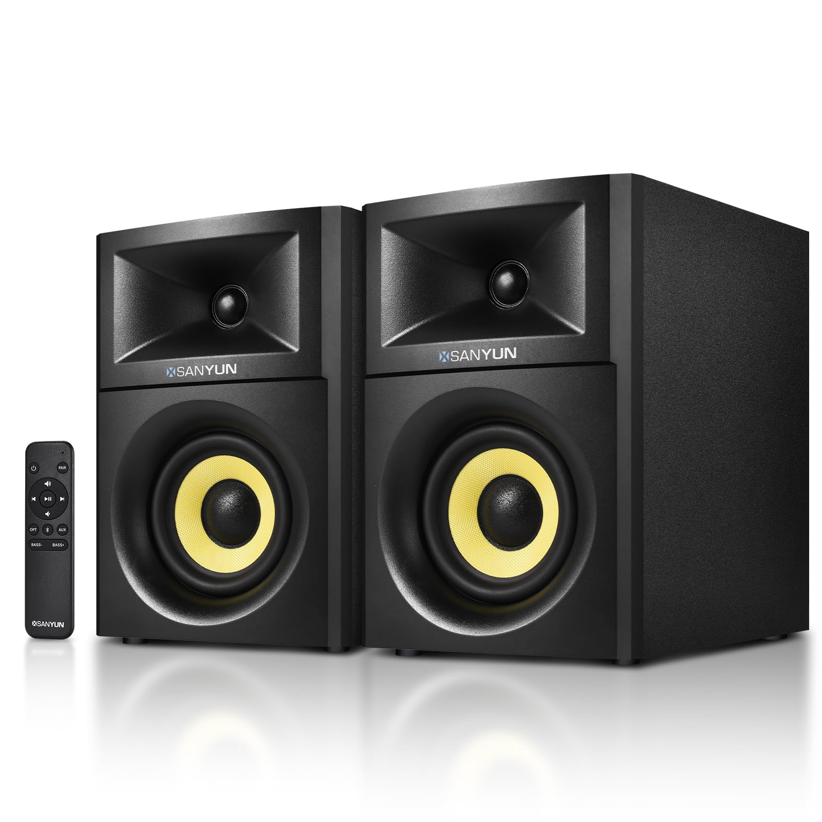 Sanyun SW203 4.0 Computer Speakers - 60W 4-Way DSP Control 3D Immersive Sound - 3" Carbon Fiber Woofer & 20mm Silk Dome Tweeter - 24bit DAC USB/Bluetooth 5.4/AUX - Studio-Grade Audio (Pair, Black)
