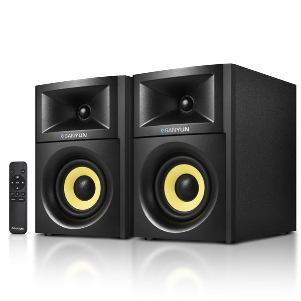 Sanyun SW203 4.0 Computer Speakers - 60W 4-Way DSP Control 3D Immersive Sound - 3" Carbon Fiber Woofer & 20mm Silk Dome Tweeter - 24bit DAC USB/Bluetooth 5.4/AUX - Studio-Grade Audio (Pair, Black)