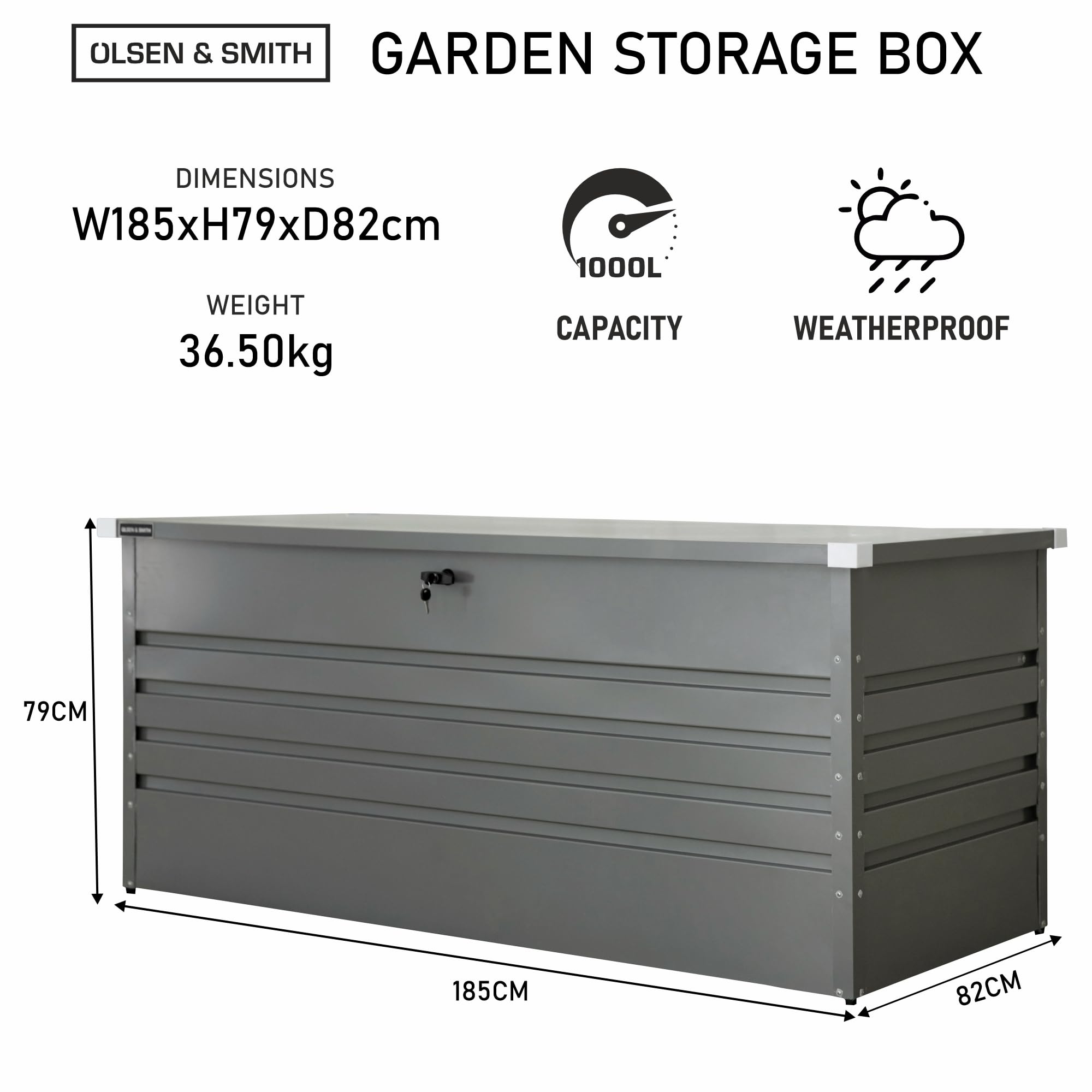 Olsen & Smith 1000L Extra Large XL Metal Outdoor Garden Storage Box - Weather Resistant Heavy Duty Garden Box with Built In Lock - Massive Capacity Storage Chest for Tools Cushions Toys & More, Grey