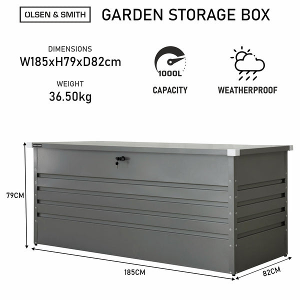 Olsen & Smith 1000L Extra Large XL Metal Outdoor Garden Storage Box - Weather Resistant Heavy Duty Garden Box with Built In Lock - Massive Capacity Storage Chest for Tools Cushions Toys & More, Grey