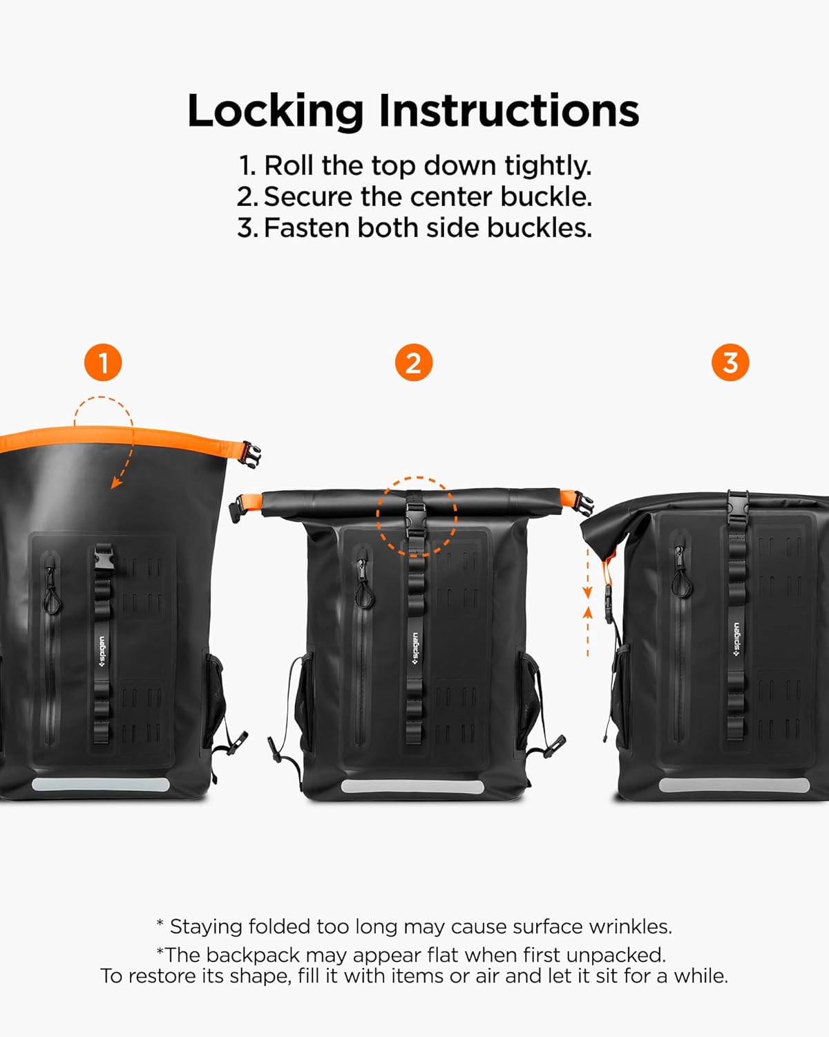 Spigen Waterproof Backpack IPX6 35L Roll Top Travel Rucksack Fits up to 16 Inch Laptop, Multi-Compartment Bag Ventilated Back, Chest Strap Hiking, Camping, Swimming, Canoeing, Fishing – Black
