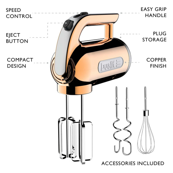 Dualit Hand Mixer Copper - 400W - Strong Grip Handle - Attachments Included - Integral Plug Storage - 4 Speed Settings - Repairable gears - Flat