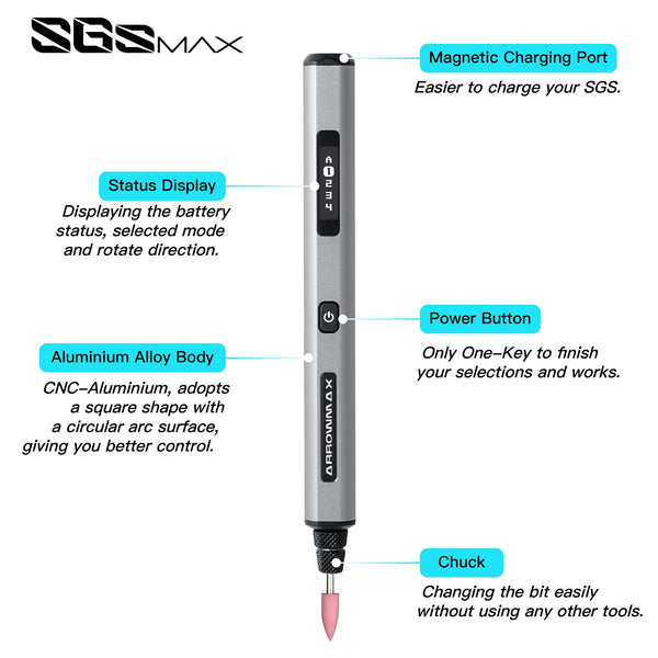 ARROWMAX Smart Mini Electric Engraving Pen, HollowCup Motor, 42 Bits with Aluminum Case, OLED, Magnetic Charge, Mini Rotary Tool, Cordless Engraving Pen for Metal, Wood, Glass and Plastic (SGS MAX)