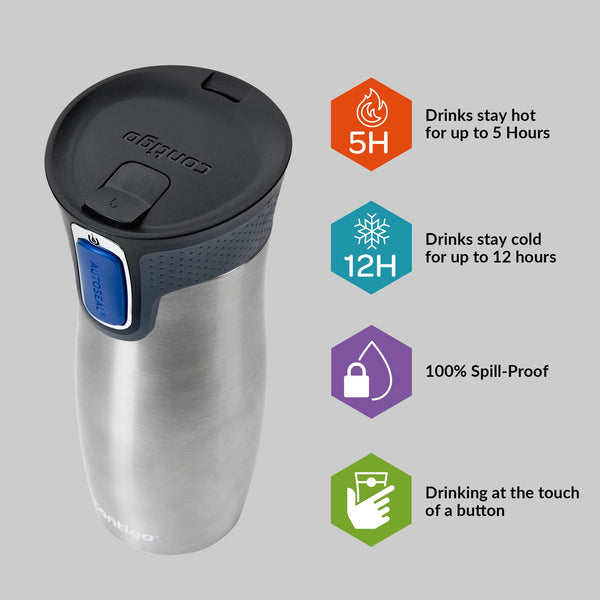 Contigo West Loop Autoseal Travel Mug, Stainless Steel Thermal Mug, Vacuum Flask, Leakproof Tumbler, Coffee Mug with BPA Easy-Clean Lid