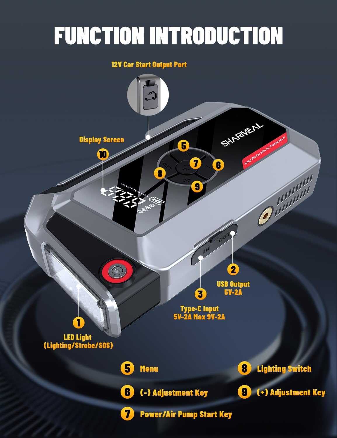SHARMEAL 6000A Portable Car Battery Booster (all Gas/10L Diesel), Jump Starter Power Pack with 150PSI Air Compressor, 12V Car Jump Starter Power Bank with Jump Leads, LCD Screen, Emergency Light