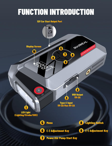 SHARMEAL 6000A Portable Car Battery Booster (all Gas/10L Diesel), Jump Starter Power Pack with 150PSI Air Compressor, 12V Car Jump Starter Power Bank with Jump Leads, LCD Screen, Emergency Light