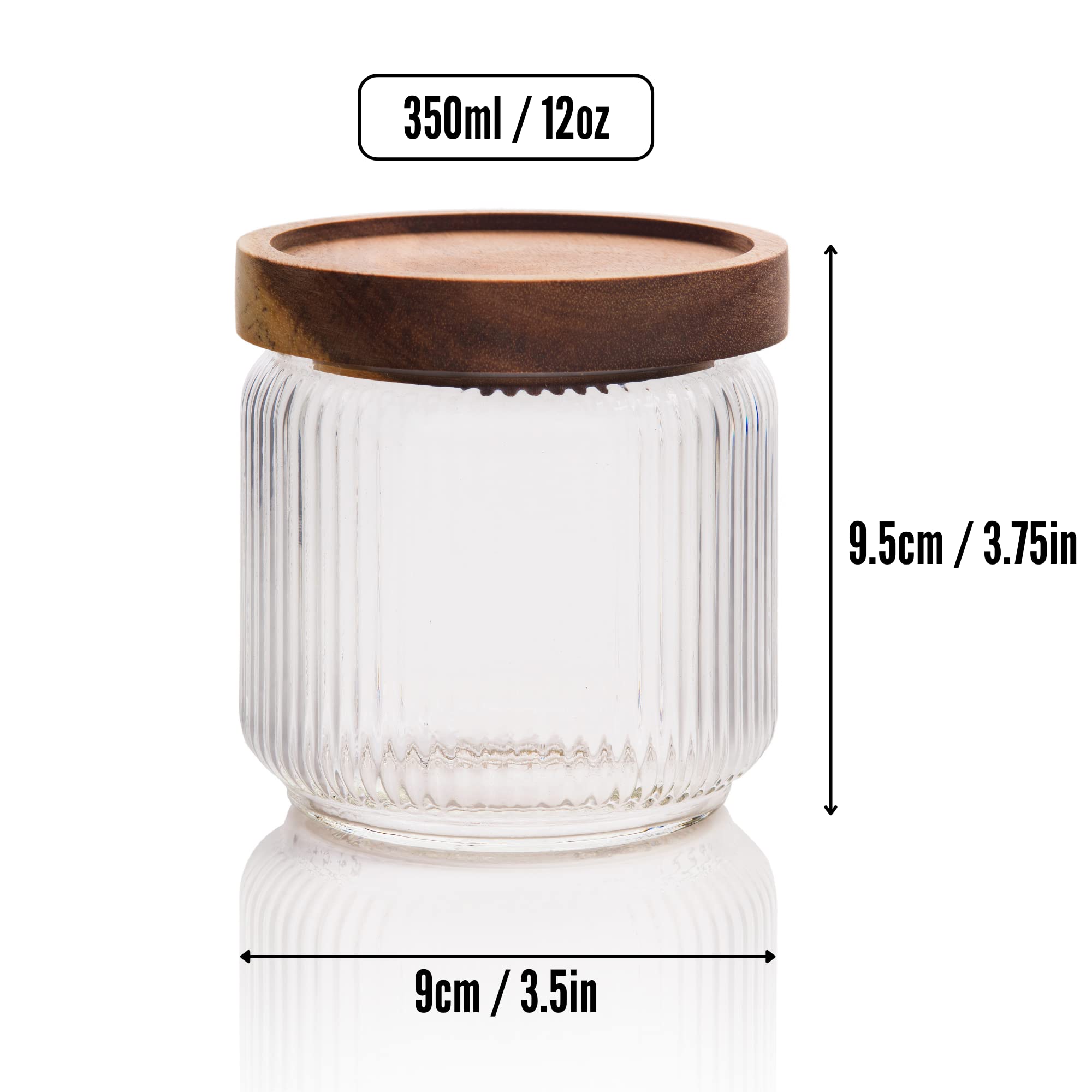 Mason & Fable Ribbed Glass Jar with Wooden Lid 350ml- 6 Pcs | Airtight Ribbed Storage Container for Spice, Tea, Sugar, Coffee, Sweets, Dog Treats,